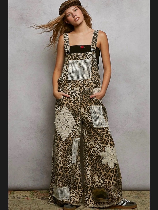 POL Pants - New POL Leopard Patchwork Wide-Leg Overalls